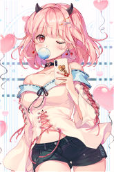 Rule 34 | 1girl, bad id, bad pixiv id, balloon, bare shoulders, black shorts, breasts, blowing bubbles, cellphone, center opening, choker, collarbone, cowboy shot, earrings, hair ornament, hairclip, heart, highres, holding, horns, jewelry, long sleeves, looking at viewer, medium breasts, medium hair, midriff peek, navel, off-shoulder shirt, off shoulder, one eye closed, original, phone, pink eyes, pink hair, shirt, short shorts, shorts, smartphone, solo, ttosom, white shirt, wide sleeves