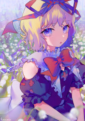Rule 34 | 1girl, artist name, black shirt, blonde hair, blue eyes, collared shirt, flower, frilled shirt collar, frills, hair ribbon, highres, hinasumire, lily of the valley, medicine melancholy, open mouth, puffy short sleeves, puffy sleeves, red ribbon, red skirt, ribbon, shirt, short hair, short sleeves, signature, skirt, solo, touhou, upper body, white flower