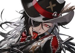 Rule 34 | 1boy, black hair, black hat, boothill (honkai: star rail), bullet, earrings, hair over one eye, hat, hat feather, honkai: star rail, honkai (series), jewelry, looking at viewer, male focus, milluun, multicolored hair, open mouth, red eyes, sharp teeth, solo, split-color hair, teeth, tongue, tongue out, two-tone hair, white background, white hair, zipper
