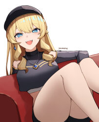Rule 34 | 1girl, :d, absurdres, alternate costume, bare shoulders, black headwear, black shirt, blonde hair, blue eyes, clothing cutout, commentary, crop top, drill hair, drill sidelocks, feet out of frame, genshin impact, highres, jewelry, knees up, long hair, long sleeves, looking at viewer, midriff, navia (genshin impact), open mouth, pendant, shirt, shoulder cutout, sidelocks, sitting, smile, solo, thighs, white background, yuu azma