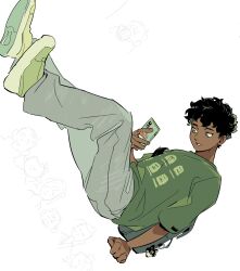 Rule 34 | 1boy, backpack, bag, baggy pants, black hair, cellphone, character charm, charm (object), chibi, chilchuck tims, commentary, dark-skinned male, dark skin, denim, dungeon meshi, falin touden, full body, green eyes, green footwear, green shirt, grey pants, grin, hand up, highres, holding, holding phone, jeans, kabru, kuro (dungeon meshi), laios touden, looking at object, male focus, marcille donato, pants, phone, robodumpling, shirt, short hair, shurou, simple background, smartphone, smile, symbol-only commentary, very short hair, white background
