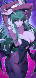 1girl absurdres animal_print armpits arms_behind_head bat_print black_leotard breasts bright_pupils cleavage covered_navel curvy darkstalkers fangs green_hair half-closed_eyes hanging_breasts head_wings highres large_breasts legs leotard long_hair looking_at_viewer moon morrigan_aensland pantyhose parted_lips purple_pantyhose red_moon revealing_clothes seductive_gaze seductive_smile smile solo strapless strapless_leotard thick_thighs thighs toned wide_hips wings yellow_eyes