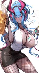 Rule 34 | 1girl, absurdres, alcohol, beer, beer mug, black skirt, blue hair, blush, breasts, center opening, choker, cleavage, collared shirt, colored skin, covered navel, cup, dress shirt, eyeliner, fate/grand order, fate (series), fishnet pantyhose, fishnets, grey skin, hair between eyes, hair bun, hair ornament, hair scrunchie, highres, horns, ibuki douji (fate), large breasts, licking lips, long hair, long sleeves, looking at viewer, makeup, mug, multicolored hair, nail polish, office lady, one eye closed, oni, oni horns, pantyhose, pencil skirt, pink hair, pink horns, pointy ears, red eyes, scrunchie, shiroshisu, shirt, sidelocks, single hair bun, skirt, smile, solo, tail, tongue, tongue out, white shirt