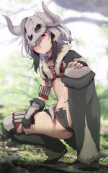 Rule 34 | 1girl, black hair, bone armor (monster hunter), breasts, cropped vest, cross-laced clothes, detached leggings, female focus, fingerless gloves, fur-trimmed vest, fur trim, gauntlets, gloves, grass, highres, monster hunter (series), multicolored hair, noah gaa, outdoors, parted lips, red eyes, skull, skull hat, small breasts, solo, squatting, vest, wig
