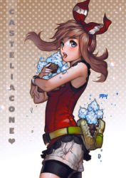 Rule 34 | 10s, 1girl, bike shorts, blue eyes, blush, bracelet, brown hair, creatures (company), fanny pack, food, game freak, hair ribbon, highres, ice cream, ice cream cone, jewelry, kawacy, licking, looking at viewer, may (pokemon), may (pokemon oras), nintendo, open mouth, pokemon, pokemon oras, polka dot, polka dot background, ribbon, shirt, short shorts, shorts, signature, sleeveless, sleeveless shirt, solo, too many, two side up