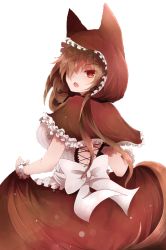 Rule 34 | 1girl, alternate costume, animal ears, arano oki, back, breasts, brown hair, cosplay, dress, grimm&#039;s fairy tales, hair over one eye, highres, hood, imaizumi kagerou, large breasts, little red riding hood, little red riding hood (grimm), little red riding hood (grimm) (cosplay), long hair, looking at viewer, looking back, open mouth, red eyes, solo, tail, touhou, transparent background, tsurime, wolf ears, wolf tail, wrist cuffs