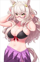 Rule 34 | 1girl, animal ears, bare arms, bare shoulders, bikini, biwa hayahide (umamusume), black bikini, blush, breasts, cleavage, collarbone, commentary request, cowboy shot, glasses, hair ornament, hands in hair, highres, horse ears, large breasts, long hair, looking at viewer, navel, onsoku inu, red-framed eyewear, sarong, simple background, skindentation, solo, standing, stomach, swimsuit, tail, umamusume, very long hair, white background, white hair, yellow eyes