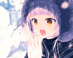Rule 34 | 1girl, :o, blunt bangs, blurry, blurry background, breath, close-up, cold, commentary, depth of field, fur trim, highres, hololive, kounaien (comic1217), light blush, murasaki shion, open mouth, orange eyes, own hands together, purple hair, snow, snowing, solo, standing, tree, upper body, virtual youtuber, winter
