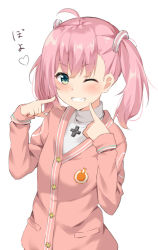 Rule 34 | 1girl, blush, brown cardigan, cardigan, commentary request, fingers to cheeks, game club project, green eyes, grin, hair between eyes, heart, highres, kohakope, long hair, long sleeves, looking at viewer, one eye closed, pink hair, sakuragi miria, shirt, side ponytail, simple background, smile, solo, translation request, virtual youtuber, white background, white shirt