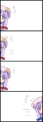 Rule 34 | 1girl, 4koma, bad id, bad pixiv id, bow, comic, crescent, crescent moon, female focus, hair bow, hat, highres, moon, nase, patchouli knowledge, peeking out, purple eyes, purple hair, ribbon, shy, silent comic, touhou