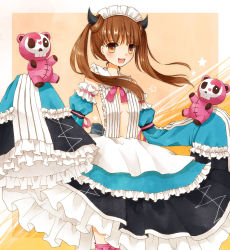 Rule 34 | 10s, 1girl, :d, arm garter, arm ribbon, blush, bow, breasts, brown eyes, brown hair, center opening, cleavage, cowboy shot, detached sleeves, dress, frilled dress, frilled skirt, frills, from side, glowing, glowing eye, gunslinger stratos, happy, heart, horns, lolita fashion, long hair, long skirt, looking at viewer, maid headdress, no bra, open mouth, orange background, outside border, puffy detached sleeves, puffy sleeves, ribbon, rindo sidune, rindou shizune, skirt, skull, sleeves past wrists, small breasts, smile, standing, star (symbol), stuffed animal, stuffed toy, teddy bear, twintails, wide sleeves, yon (letter)