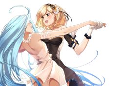Rule 34 | 2girls, absurdres, ahoge, alternate costume, aqua hair, back, bare back, bare shoulders, black dress, blonde hair, blush, breasts, brown eyes, closed eyes, collarbone, couple, dancing, djeeta (granblue fantasy), dress, eyebrows hidden by hair, female focus, flower, gloves, granblue fantasy, hair flower, hair ornament, hairband, happy, highres, holding hands, long hair, looking at another, lyria (granblue fantasy), medium breasts, multiple girls, neck, open mouth, short hair, simple background, small breasts, smile, soruna (nell), strapless, strapless dress, swept bangs, very long hair, white background, white dress, white gloves, yuri