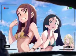 Rule 34 | 3girls, 90millimetri, aqua bikini, barbara parker, bare shoulders, bikini, black hair, blonde hair, blue bikini, blue eyes, blunt ends, breasts, brown eyes, brown hair, cleavage, clenched teeth, closed mouth, cloud, cloudy sky, collarbone, commentary, crossed arms, day, diana cavendish, frown, gold bikini, hand on own face, hand on own hip, hand up, hannah england, highres, linea alba, little witch academia, long hair, looking at viewer, medium breasts, multicolored bikini, multicolored clothes, multiple girls, navel, open mouth, parted bangs, short eyebrows, sideboob, sidelocks, single sidelock, sky, straight hair, striped bikini, striped clothes, swimsuit, symbol-only commentary, teeth, thick eyebrows, tsurime, underboob, upper body, v-shaped eyebrows, viewfinder, wavy hair, wavy mouth, white bikini
