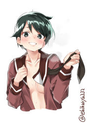Rule 34 | 1girl, :d, black neckerchief, blush, breasts, brown sailor collar, collarbone, ebifurya, green eyes, green hair, grin, highres, kantai collection, long sleeves, looking at viewer, mogami (kancolle), neckerchief, no bra, open clothes, open mouth, open shirt, red shirt, sailor collar, school uniform, serafuku, shirt, short hair, simple background, small breasts, smile, solo, steaming body, sweat, teeth, twitter username, underboob, undone neckerchief, undressing, upper body, white background