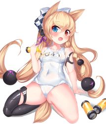 Rule 34 | 1girl, 2drr, animal ears, asymmetrical legwear, black thighhighs, blonde hair, blue eyes, blush, bow, braid, breasts, cat ears, character name, checkered bow, checkered clothes, commentary, covered navel, fang, full body, g41 (beach punk 2064) (girls&#039; frontline), g41 (girls&#039; frontline), girls&#039; frontline, hair between eyes, hair bow, hair ornament, hand up, heterochromia, holding, long hair, low-tied long hair, medium breasts, name tag, official alternate costume, old school swimsuit, one-piece swimsuit, open mouth, purple ribbon, red eyes, ribbon, school swimsuit, shadow, side braid, single braid, solo, swimsuit, thighhighs, uneven legwear, very long hair, white background, white bow, white one-piece swimsuit