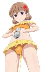 Rule 34 | 1girl, alcohol, beer, beer can, bikini, blend s, brown hair, can, cowboy shot, drink can, flat chest, flower, frilled bikini, frills, from below, hair flower, hair ornament, hibiscus, highres, hoshikawa mafuyu, looking at viewer, orange bikini, purple eyes, sexually suggestive, short hair, simple background, sincos, solo, spill, suggestive fluid, swimsuit, white background