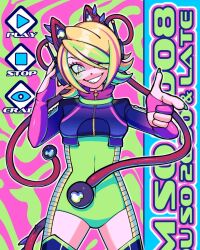 Rule 34 | 1girl, blonde hair, breasts, commentary, cowboy shot, english commentary, finger gun, gloves, green hair, green leotard, grin, hair over one eye, highres, leotard, mechanical ears, multicolored hair, one eye closed, original, partially fingerless gloves, pink hair, purple hair, saurit, small breasts, smile, solo, streaked hair, yellow eyes