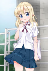 Rule 34 | 1girl, aislinn wishart, blonde hair, blue eyes, chiru, highres, object behind ear, saki (manga), school uniform, short hair, smile, solo, standing