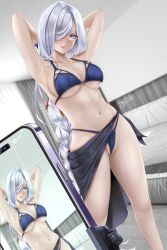 Rule 34 | 1girl, absurdres, alternate costume, armpits, arms behind head, arms up, bare arms, bare shoulders, bed, bikini, black skirt, blue bikini, blue eyes, blurry, blurry background, blush, braid, breasts, cellphone, cleavage, closed mouth, contemporary, curtains, feet out of frame, genshin impact, hair over one eye, halterneck, highleg, highleg bikini, highres, indoors, large breasts, lips, long hair, low-braided long hair, low-tied long hair, navel, one eye covered, partially visible vulva, phone, shenhe (genshin impact), side-tie skirt, sidelocks, signature, single braid, skirt, smartphone, soy&#039;elve, standing, stomach, string bikini, swimsuit, taking picture, thighs, thong bikini, underboob, very long hair, viewfinder, white hair