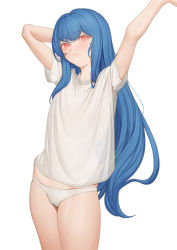 Rule 34 | 1girl, arm up, blue hair, cleft of venus, food, fruit, highres, hinanawi tenshi, leaning to the side, light smile, long hair, ni (221), no headwear, panties, peach, shirt, short sleeves, simple background, solo, touhou, underwear, white background, white panties
