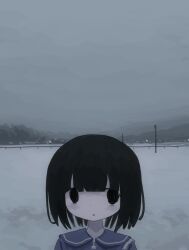 1girl black_eyes black_hair cloud cloudy_sky fog highres looking_at_viewer mountainous_horizon original outdoors portrait short_hair sky snow solo utututuna winter