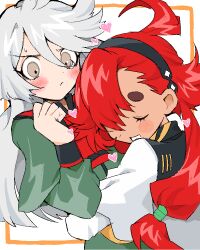 Rule 34 | 2girls, ahoge, asticassia school uniform, black hairband, blush, closed eyes, closed mouth, commentary request, embarrassed, frown, green jacket, grey eyes, grey hair, gundam, gundam suisei no majo, hair between eyes, hairband, hand up, heart, hug, jacket, long hair, long sleeves, low ponytail, miorine rembran, multiple girls, open mouth, red hair, sakusankarmin, school uniform, shoulder boards, smile, suletta mercury, sweatdrop, swept bangs, thick eyebrows, upper body, v-shaped eyebrows, white jacket, wide sleeves, yuri