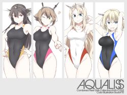 Rule 34 | 4girls, armpits, arms up, black hair, black one-piece swimsuit, blonde hair, blue eyes, braid, breasts, brown hair, colorado (kancolle), competition swimsuit, cowboy shot, green eyes, hairband, headgear, kantai collection, large breasts, long hair, multiple girls, mutsu (kancolle), nagato (kancolle), nelson (kancolle), one-piece swimsuit, red eyes, shigino sohuzi, short hair, side braids, split theme, swimsuit, white one-piece swimsuit