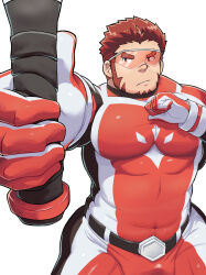 Rule 34 | 1boy, akashi (live a hero), bara, baseball bat, bodysuit, bulge, covered navel, cowboy shot, facial hair, foreshortening, goatee, goggles, highres, holding, holding baseball bat, karamaru (karamari 11), large pectorals, live a hero, long sideburns, male focus, muscular, muscular male, outstretched arm, pectorals, red bodysuit, red eyes, red hair, scar, scar on face, scar on nose, short hair, sideburns, solo, strongman waist, superhero costume, thick eyebrows