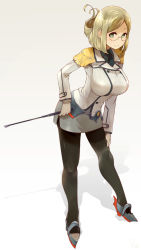 Rule 34 | 10s, 1girl, black pantyhose, breasts, epaulettes, full body, glasses, green eyes, highres, kantai collection, katori (kancolle), large breasts, leaning forward, light brown hair, long hair, military, military uniform, miniskirt, necktie, pantyhose, riding crop, rota (bitmap1022), short hair, simple background, skirt, smile, solo, uniform