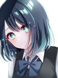 Rule 34 | 1girl, black vest, blue bow, blue bowtie, blue eyes, blue hair, blush, bow, bowtie, closed mouth, collared shirt, commentary, gradient hair, hair between eyes, highres, kurokawa akane, light blue hair, looking at viewer, medium hair, multicolored hair, oshi no ko, parted bangs, shade, shirt, simple background, smile, solo, sparkle, star-shaped pupils, star (symbol), symbol-shaped pupils, szmymsz, twitter username, upper body, vest, white background, white shirt