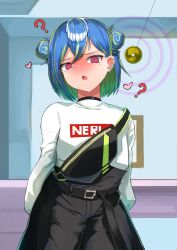 Rule 34 | 1girl, ?, @ @, absurdres, arms behind back, belt, black belt, black shorts, blue hair, blush, coin, coin on string, commentary request, cowboy shot, double bun, earclip, green hair, hair between eyes, hair bun, heart, high-waist shorts, highres, holed coin, hypnosis, long sleeves, looking at viewer, medium bangs, mind control, mole, mole under eye, multicolored hair, nanashi inc., nose blush, official alternate costume, open mouth, pendulum, pink eyes, shiranui enki, short hair, shorts, single strap, solo, suzumi nemo, suzumi nemo (2nd costume), sweater, two-tone hair, virtual youtuber, white sweater
