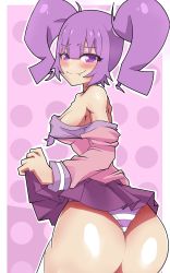 Rule 34 | 1girl, absurdres, artist request, ass, blush, clothes lift, fang, from behind, highres, long hair, looking back, original, otachan, panties, purple eyes, purple hair, skirt, skirt lift, smile, solo, striped clothes, striped panties, the otachan show, twintails, underwear
