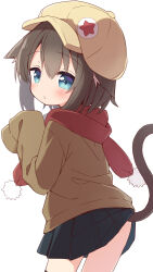 Rule 34 | 1girl, animal ear fluff, animal ears, ass, ayanepuna, black hair, black skirt, blush, brown hat, brown jacket, cabbie hat, cat ears, cat girl, cat tail, commentary request, from behind, hair between eyes, hat, highres, jacket, long sleeves, looking at viewer, looking back, original, pleated skirt, puffy long sleeves, puffy sleeves, red scarf, scarf, simple background, skirt, sleeves past fingers, sleeves past wrists, solo, tail, white background