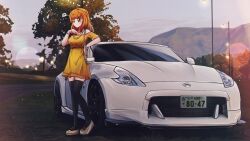 Rule 34 | 1girl, absurdres, bag, bare shoulders, black thighhighs, blunt bangs, car, casual, closed mouth, commentary, dress, english commentary, girls und panzer, grass, handbag, highres, lamppost, license plate, long hair, mizzterbii, motor vehicle, nissan, nissan 370z, nissan fairlady z, off-shoulder dress, off shoulder, orange eyes, orange hair, outdoors, road, short sleeves, solo, sports car, squiggle, takebe saori, thighhighs, vehicle focus, yellow dress