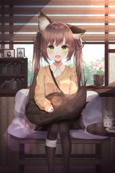 Rule 34 | 1girl, animal ear fluff, animal ears, bandaged leg, bandages, black pantyhose, black ribbon, black skirt, blush, brown cardigan, brown hair, cardigan, chocolate chip cookie, commentary, cookie, cup, day, flower, flower pot, food, green eyes, hair ribbon, highres, hugging own tail, hugging tail, indoors, long hair, long sleeves, looking at viewer, mug, open mouth, original, pantyhose, pink flower, plant, pleated skirt, potted plant, ribbon, romaji commentary, saucer, shiro (acad1213), sidelocks, sitting, skirt, sleeves past wrists, solo, tail, twintails, very long hair, wings