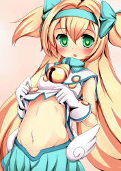 Rule 34 | 1girl, :o, blazblue, blonde hair, blush, clothes lift, gloves, godharo1, green eyes, heart, heart-shaped pupils, long hair, looking at viewer, navel, open mouth, platinum the trinity, shirt lift, skirt, smile, solo, stomach, symbol-shaped pupils, upper body, very long hair, white gloves