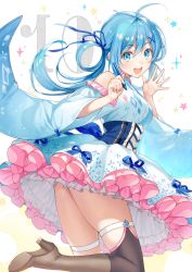 Rule 34 | 1girl, ahoge, bare shoulders, blue eyes, blue hair, blush, breasts, commentary request, corset, dress, frilled dress, frills, hair ornament, kneeling, long hair, looking at viewer, open mouth, pixiv, pixiv-tan, smile, solo, sparkle, stylus, thighhighs, tokki, wide sleeves