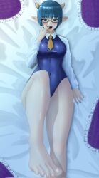 Rule 34 | 1girl, arm up, bed, blue hair, blush, brass knuckles, breasts, covered navel, demon girl, demon horns, feet, glasses, green eyes, highres, horns, large breasts, legs, looking at viewer, lv1 maou to one room yuusha, lying, necktie, one-piece swimsuit, open mouth, pointy ears, short hair, smile, solo, swimsuit, thighs, weapon, zenia (lv1 maou to one room yuusha)