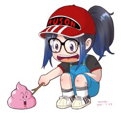 Rule 34 | 1girl, 1other, 2021, annotated, black hair, blue hair, character name, commentary, cosplay, creature, dated, dr. slump, english commentary, full body, glasses, gradient hair, hat, high ponytail, indie virtual youtuber, kivo, kson, kson (person), multicolored hair, norimaki arale, norimaki arale (cosplay), open mouth, overall shorts, overalls, ponytail, poop, pun, purple eyes, real life, red hat, shirt, shoes, signature, simple background, smile, sneakers, socks, squatting, stick, streaked hair, t-shirt, transparent background, two-tone hair, unchi-kun, virtual youtuber, visual pun, vshojo, white legwear