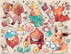 Rule 34 | animal focus, argyle, argyle background, argyle clothes, artist name, beanie, boots, brown fur, candy, chocolate, chocolate bar, clefairy, closed eyes, coffee, coffee mug, commentary request, creatures (company), cup, darumaka, dot nose, eevee, flareon, flower, food, game freak, gen 1 pokemon, gen 2 pokemon, gen 3 pokemon, gen 4 pokemon, gen 5 pokemon, green flower, green mittens, green scarf, grin, hanabusaoekaki, hat, highres, mittens, mug, multiple tails, nintendo, no humans, open mouth, pikachu, pink flower, pink mittens, pokemon, pokemon (creature), rotom, rotom (heat), scarf, slugma, smile, solid oval eyes, sparkle, tail, teeth, torchic, vulpix, yarn, yellow eyes, yellow flower, yellow mittens