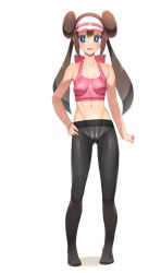 Rule 34 | 1girl, bad anatomy, blue eyes, blush, breasts, bright pupils, brown hair, creatures (company), double bun, full body, game freak, hair bun, hairband, hand on own hip, highres, impossible clothes, impossible shirt, legs, looking at viewer, medium breasts, navel, nintendo, no shoes, panties, panties under pantyhose, pantyhose, pokemon, pokemon bw2, poorly drawn, rosa (pokemon), shirt, simple background, smile, solo, sports bra, standing, thigh gap, thighs, toned, ts422, twintails, underwear, underwear only, white background, white pupils