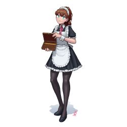 Rule 34 | 1girl, absurdres, apron, artist logo, black footwear, black pantyhose, blue eyes, box, brown hair, cigar, cigar box, closed mouth, commentary, english commentary, full body, highres, holding, holding box, looking at viewer, maid, maid apron, maid headdress, original, ostwindprojekt, pantyhose, ponytail, shadow, shoes, short sleeves, simple background, smile, solo, white background