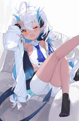 Rule 34 | 1girl, absurdres, ahoge, arm up, bare shoulders, black socks, blue archive, blue necktie, blush, coat, collared shirt, commentary, couch, dark-skinned female, dark skin, demon horns, demon tail, foot out of frame, hair between eyes, highres, hip vent, horns, huge ahoge, leg up, long hair, looking at viewer, measho, necktie, on couch, one eye closed, open clothes, open coat, open mouth, orange eyes, pointy ears, shirt, shorts, simple background, sitting, sleeveless, sleeveless shirt, socks, solo, sumomo (blue archive), tail, two side up, white background, white coat, white hair, white shorts