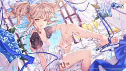 Rule 34 | 1girl, alternate costume, azur lane, barefoot, black sleeves, blue flower, blue ribbon, body writing, bouquet, breasts, champagne flute, character name, cleavage, cross, cross necklace, cup, dress, drinking glass, flower, hanagata, highres, jewelry, light brown hair, looking at viewer, necklace, petals, puffy short sleeves, puffy sleeves, ribbon, see-through, see-through sleeves, short sleeves, small breasts, solo, twintails, u-96 (azur lane), white dress, wine glass, yellow eyes