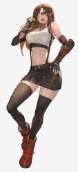Rule 34 | 1girl, arm guards, bare shoulders, black skirt, black thighhighs, boots, breasts, brown eyes, brown hair, earrings, elbow gloves, final fantasy, final fantasy vii, final fantasy vii remake, fingerless gloves, full body, gloves, hand on own hip, hand up, highres, jewelry, lack, long hair, medium breasts, midriff, miniskirt, navel, one eye closed, open mouth, red footwear, simple background, skirt, smile, solo, stomach, suspenders, tank top, thighhighs, tifa lockhart, white tank top, zettai ryouiki