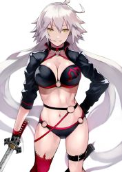 Rule 34 | 1girl, ahoge, belt, bikini, black bikini, black choker, black gloves, breasts, choker, cleavage, commentary request, fate/grand order, fate (series), gloves, hand on own hip, highres, holding, holding sword, holding weapon, jeanne d&#039;arc alter (swimsuit berserker) (fate), jeanne d&#039;arc (fate), jeanne d&#039;arc alter (fate), jeanne d&#039;arc alter (swimsuit berserker) (fate), leg belt, long hair, looking at viewer, medium breasts, navel, o-ring, shrug (clothing), silver hair, simple background, smile, solo, swimsuit, sword, very long hair, weapon, white background, yellow eyes, yoshio (55level)