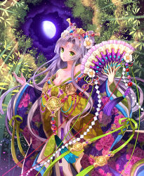 Rule 34 | 1girl, bare shoulders, breasts, cleavage, hand fan, floral print, flower, full moon, green eyes, grey hair, japanese clothes, kimono, long hair, long sleeves, moon, nardack, night, night sky, open mouth, original, sky, solo, star (sky)
