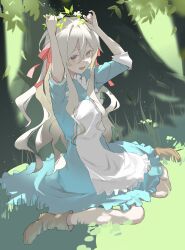 Rule 34 | 1girl, apron, blue dress, boots, brown footwear, day, dress, forest, full body, hair ribbon, head wreath, highres, kagerou project, kozakura marry, long hair, long sleeves, looking at viewer, mo011010, nature, open mouth, outdoors, pink ribbon, ribbon, sitting, smile, solo, very long hair, wariza, white apron, white hair