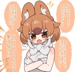 Rule 34 | 1girl, animal ears, bow, bowtie, brown eyes, brown hair, dhole (kemono friends), extra ears, gloves, highres, kemono friends, looking at viewer, multicolored hair, notora, shirt, short hair, simple background, sleeveless, sleeveless shirt, solo, translation request, two-tone hair, upper body, white hair, wolf, wolf girl