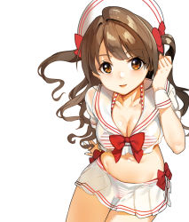 Rule 34 | 1girl, bikini, blush, bow, breasts, brown eyes, brown hair, cleavage, crop top, hand in own hair, hand up, hat, idolmaster, idolmaster cinderella girls, long hair, looking at viewer, medium breasts, miniskirt, navel, open mouth, parted lips, red bow, see-through, shimamura uzuki, shovelwell, sidelocks, simple background, sitting, skirt, smile, solo, striped bikini, striped clothes, swimsuit, thighs, two side up, wavy hair, white background, wrist cuffs